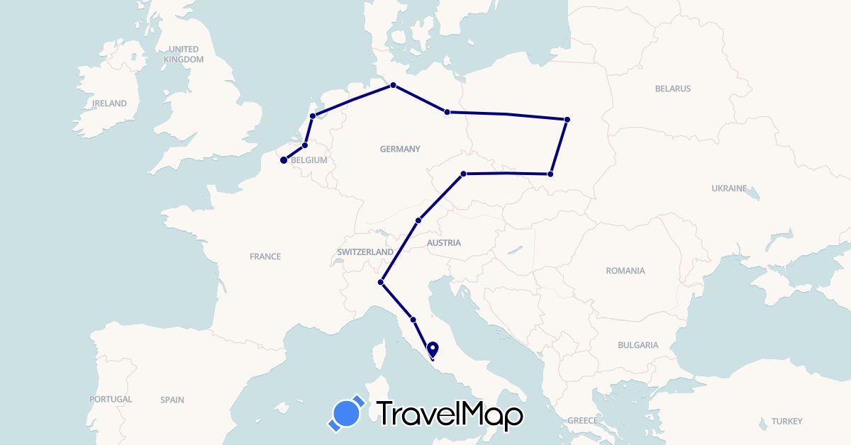 TravelMap itinerary: driving in Belgium, Czech Republic, Germany, France, Italy, Netherlands, Poland (Europe)