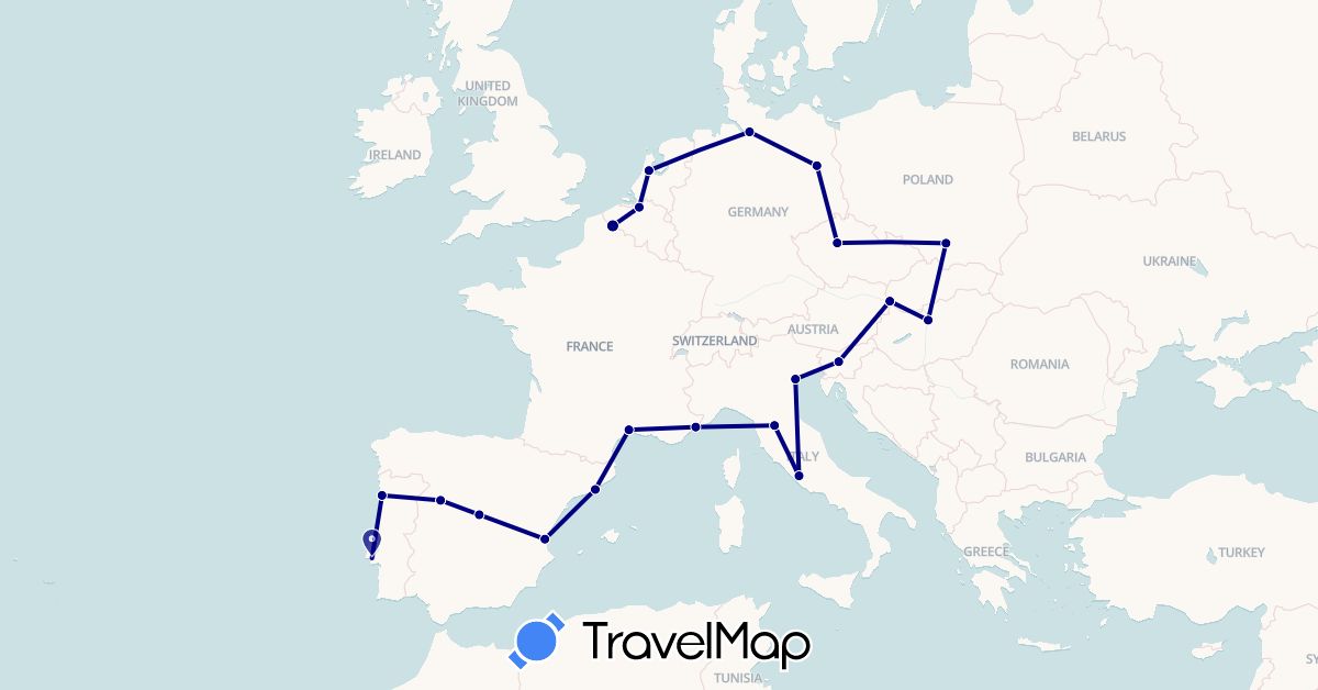TravelMap itinerary: driving in Belgium, Czech Republic, Germany, Spain, France, Hungary, Italy, Netherlands, Poland, Portugal, Slovenia, Slovakia (Europe)